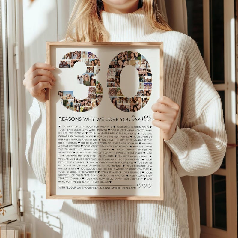 Editable Canva photo collage template with '30 Reasons We Love You' theme, featuring customizable photo slots and text. Ideal for a personalized 30th birthday gift, this DIY design is perfect for celebrating 30 years of memories with loved ones.
