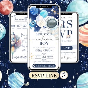 Peut inclure: Trois smartphones affichent des invitations numériques pour une fête prénatale sur le thème de l'espace. L'écran central présente un astronaute, des planètes et le texte Houston we have a boy, Mia Wilson, July 22, 2026, 1:30 PM, 123 Main St, Springfield, USA, et Google Maps.