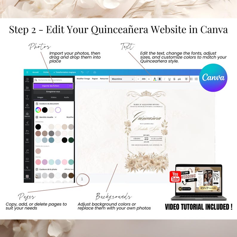 Personaliza tu Sitio Web de Quinceañera en Canva | Create your own Sweet 15 Online Invitation