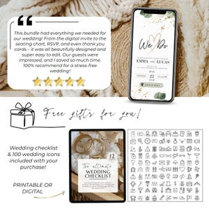 Wedding invitation bundle with bonus gifts – Includes editable digital invite with RSVP and Google Maps link, 5-star customer review, and free printable wedding checklist plus 100 wedding icons. Canva template is easy to edit and perfect for modern brides planning a stress-free wedding. Gifts included in purchase, available in digital and printable formats.