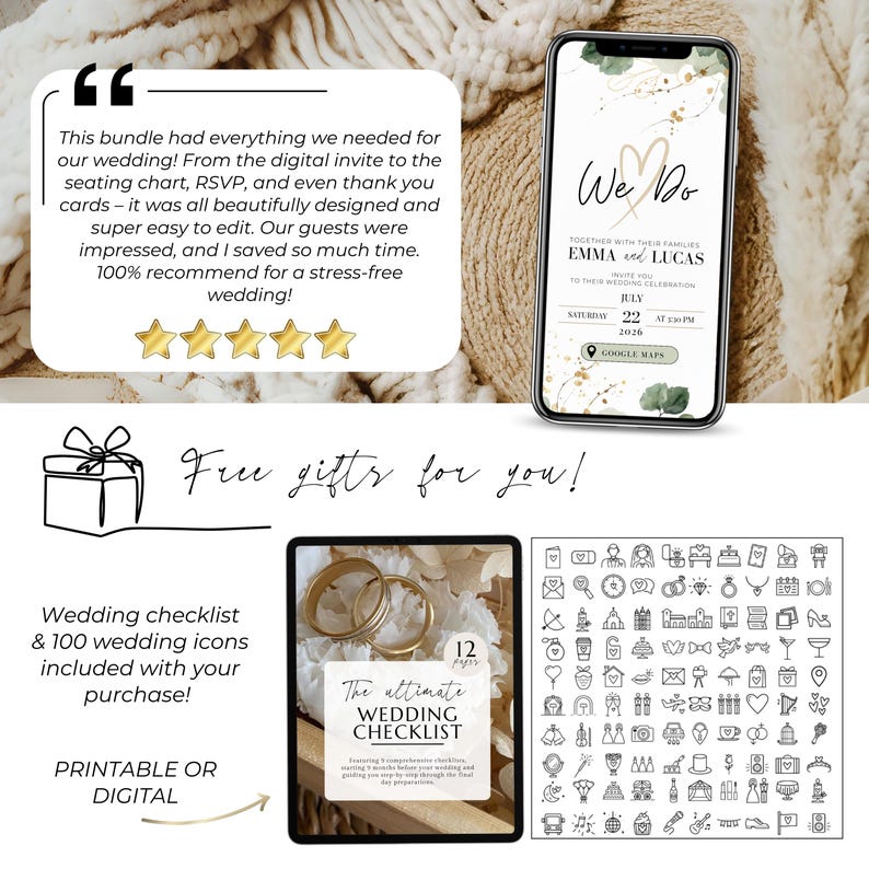 Wedding invitation bundle with bonus gifts – Includes editable digital invite with RSVP and Google Maps link, 5-star customer review, and free printable wedding checklist plus 100 wedding icons. Canva template is easy to edit and perfect for modern brides planning a stress-free wedding. Gifts included in purchase, available in digital and printable formats.