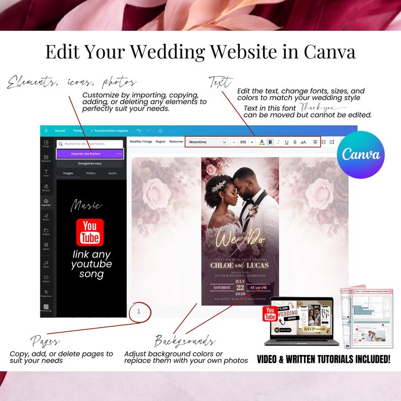 Edit your wedding website in Canva tutorial page showing design tools, text editing, and image customization