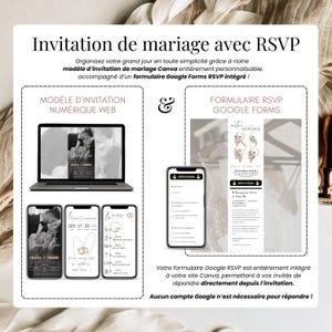 Invitation de mariage numérique moderne avec RSVP en ligne – Faire-part digital élégant à personnaliser sur Canva, aperçu mobile avec compte à rebours, formulaire Google RSVP, design chic beige et or. Invitation digitale française envoyée par SMS, WhatsApp ou email, modèle mobile interactif pour mariage moderne.