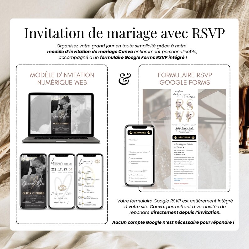 Invitation de mariage numérique moderne avec RSVP en ligne – Faire-part digital élégant à personnaliser sur Canva, aperçu mobile avec compte à rebours, formulaire Google RSVP, design chic beige et or. Invitation digitale française envoyée par SMS, WhatsApp ou email, modèle mobile interactif pour mariage moderne.
