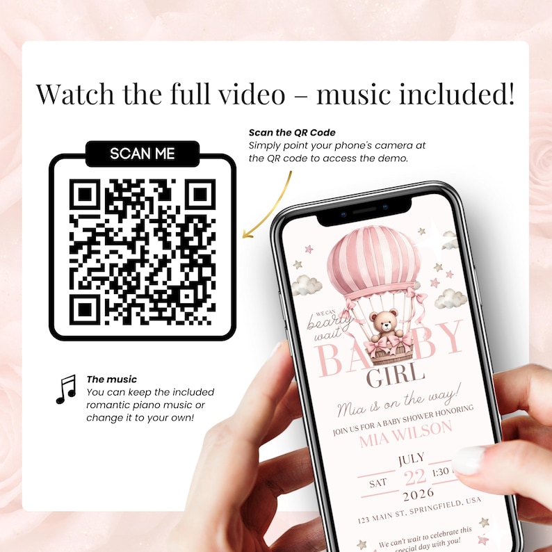 Scan QR code to watch full baby shower video invitation for girl, includes romantic piano music, editable Canva template with teddy bear and hot air balloon theme, digital animated invite on phone screen, pink coquette design for virtual baby shower