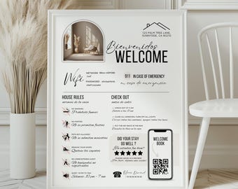 May include: A framed welcome sign with the words "Bienvenidos Welcome" in black script. The sign includes house rules, Wi-Fi information, and a QR code for a welcome book. The sign is in a white frame.