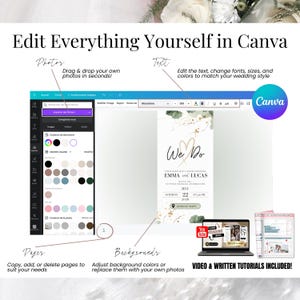Edit your wedding invitation in Canva – Customize text, fonts, colors, photos, pages, and backgrounds with this editable template. Easy drag-and-drop interface for full personalization. Includes video and written tutorials to guide you through setup. Perfect for DIY brides using a digital wedding invite with RSVP and Google Maps link.