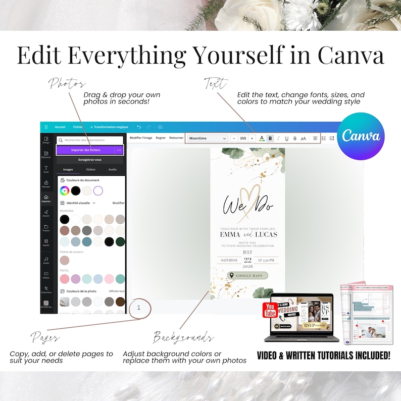 Edit your wedding invitation in Canva – Customize text, fonts, colors, photos, pages, and backgrounds with this editable template. Easy drag-and-drop interface for full personalization. Includes video and written tutorials to guide you through setup. Perfect for DIY brides using a digital wedding invite with RSVP and Google Maps link.