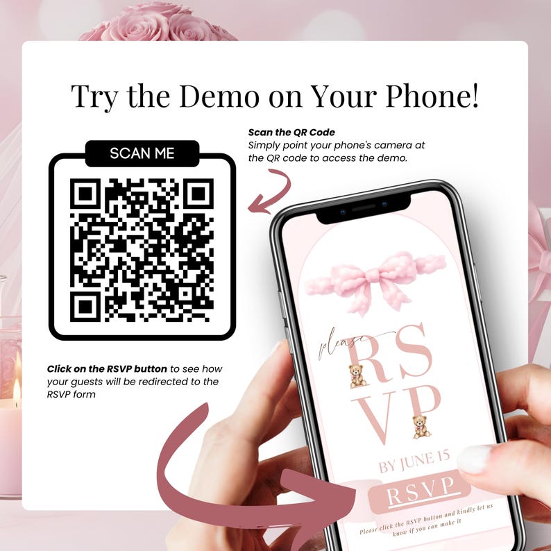 Try the demo baby shower digital invitation on phone, QR code preview, pink cloud baby girl invite with RSVP Google Form and Canva editable template