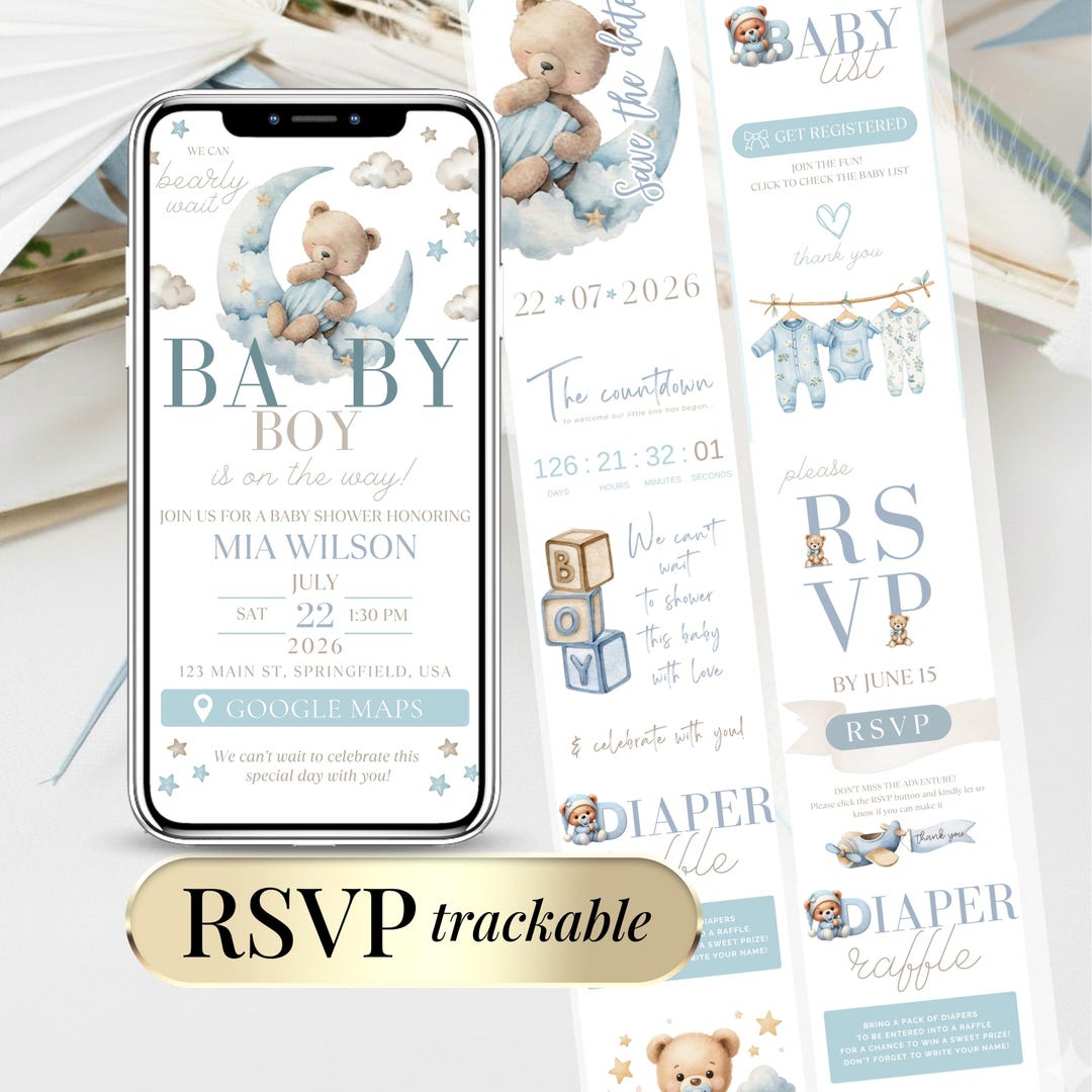 Blue Teddy Bear Baby Shower Invitation Template - Boy Baby Shower ...