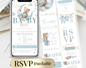 Blue Teddy Bear Baby Shower Invitation Template - Boy Baby Shower Invite - Editable Canva Digital Invitation RSVP We Can Bearly Wait Website