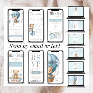 Digital Baby Shower Invitation for Boy – Blue Teddy Bear Theme with RSVP, Countdown, Diaper Raffle, Gift Registry, Save the Date – Editable Canva Templates for Phone and Laptop – Send by Email, Text, or WhatsApp – Includes multiple matching slides for full event coordination – Perfect for modern baby boy shower planning with clickable RSVP form.