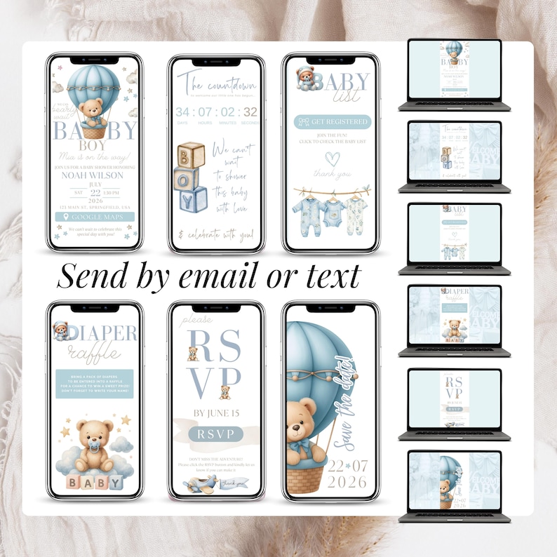 Digital Baby Shower Invitation for Boy – Blue Teddy Bear Theme with RSVP, Countdown, Diaper Raffle, Gift Registry, Save the Date – Editable Canva Templates for Phone and Laptop – Send by Email, Text, or WhatsApp – Includes multiple matching slides for full event coordination – Perfect for modern baby boy shower planning with clickable RSVP form.