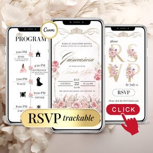 Invitación Digital Quinceañera Editable con RSVP en Línea – Plantilla Floral Dorada Sweet 15 Mis Quince Años Descarga Instantánea Canva