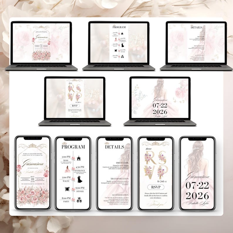 Quinceañera Digital Invitation Preview on all devices – Editable Sweet 15 RSVP Template