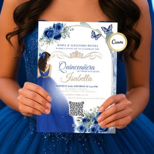 Königsblaue Quinceanera-Einladung mit QR-Code, bearbeitbare Vorlage für Sweet 15th Birthday Sweet 16 Einladung Anniversaire Fille