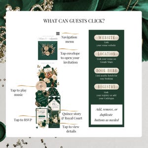 Interactive Emerald Green Quinceañera Invitation Website showing clickable RSVP button, Google Maps, gift registry, venue website, music player, Quince Story, Royal Court page, and customizable navigation menu. Editable Canva template with RSVP tracking.