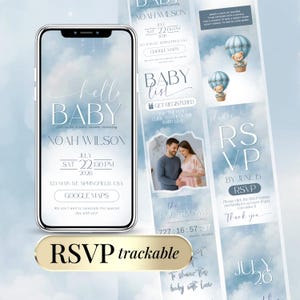 Digitale Babyparty-Einladung für Jungen – Blaues Wolkenmotiv – Bearbeitbare Canva-RSVP-Vorlage mit Countdown – Babyparty-Einladung für Jungen