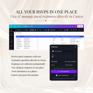 Canva spreadsheet and RSVP response dashboard displaying wedding guest names, attendance, meal choices and messages. Digital wedding website with trackable RSVP, automatic response collection and editable RSVP questions.