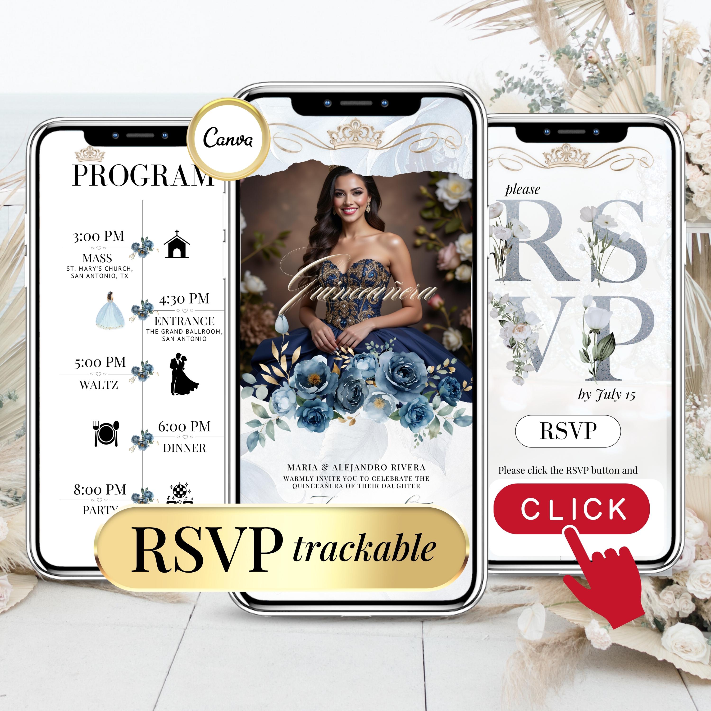Blue Quinceañera Invitation with Photo Digital Editable Template Elegant 15th Birthday Invite Photo Invite Animated and Clickable RSVP Form
