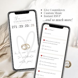Animated Digital Wedding Invitation with live countdown timer and built-in RSVP form on mobile phone – Editable Canva wedding website template with music, instant response tracking, modern minimalist design, perfect for texting or email – Customizable online invite by Templates4Branding