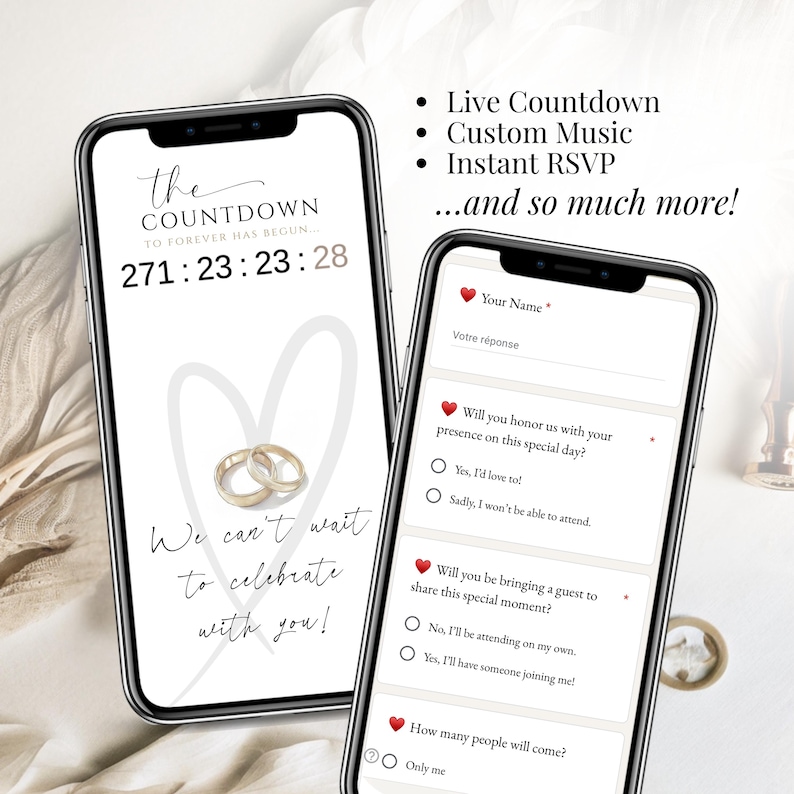 Animated Digital Wedding Invitation with live countdown timer and built-in RSVP form on mobile phone – Editable Canva wedding website template with music, instant response tracking, modern minimalist design, perfect for texting or email – Customizable online invite by Templates4Branding