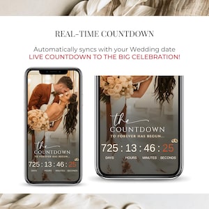 Real-time wedding countdown displayed on animated digital wedding invitation, counting down to the wedding celebration on mobile phone.