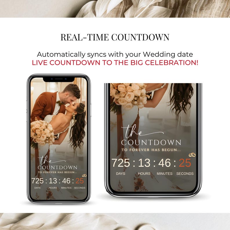 Real-time wedding countdown displayed on animated digital wedding invitation, counting down to the wedding celebration on mobile phone.