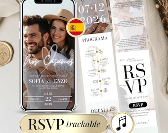Invitacion de Boda Digital, Editable Spanish Wedding Invitation Template, Web Modern Digital Wedding Template, Trackable RSVP Online Form