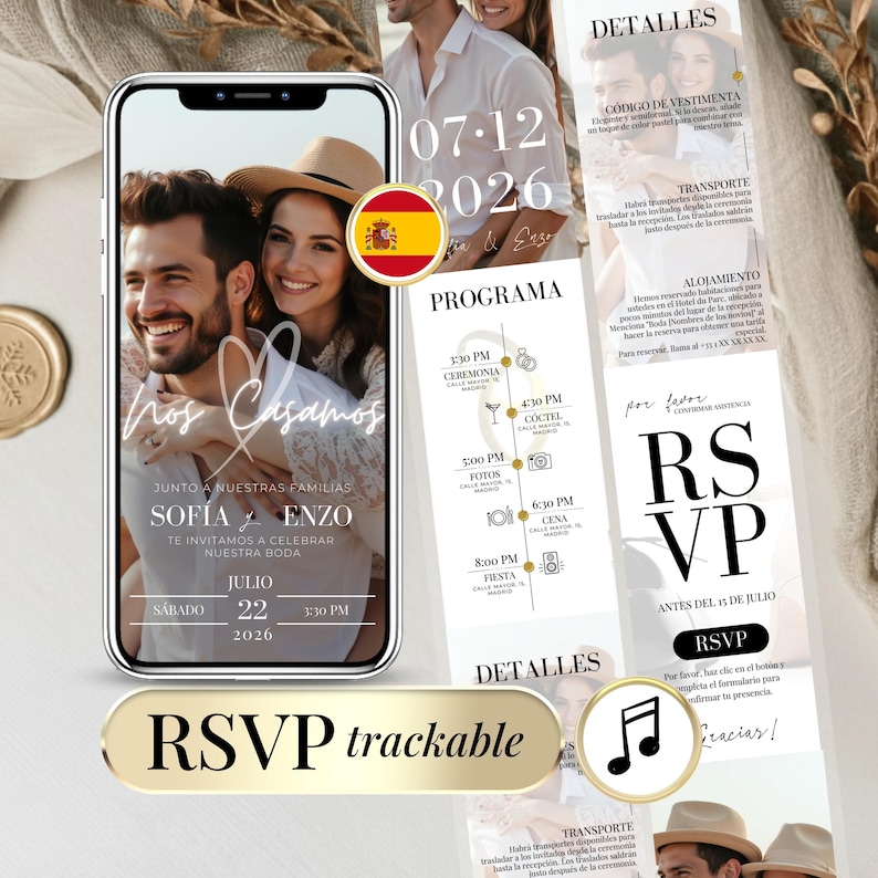 Invitación de boda con RSVP online - Plantilla editable en Canva - Diseño moderno - Descarga instantánea - Wedding invitation RSVP Spanish