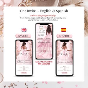 Pink blush and gold luxury Quinceañera digital invitation featuring online RSVP, countdown timer, bilingual Spanish-English option, and fully customizable Canva design for modern Sweet 15 and Sweet 16.