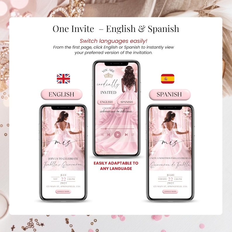Pink blush and gold luxury Quinceañera digital invitation featuring online RSVP, countdown timer, bilingual Spanish-English option, and fully customizable Canva design for modern Sweet 15 and Sweet 16.