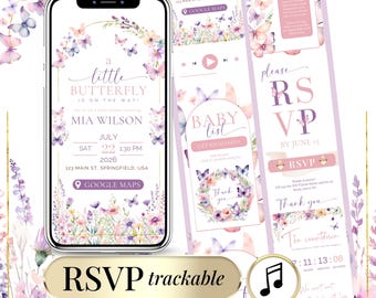 Digital Baby Shower Invitation Girl – Butterfly Pink Wildflower Baby Shower Invite with Online RSVP Tracker, Music & Live Countdown Template