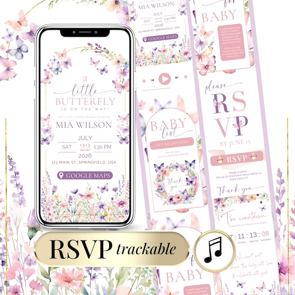 Digital Baby Shower Invitation Girl – Butterfly Pink Wildflower Baby Shower Invite with Online RSVP Tracker, Music & Live Countdown Template