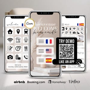 May include: A smartphone mockup with a welcome screen in French, English, and Spanish. The screen features icons for various amenities, including Wi-Fi, coffee maker, and a phone. The text "TRY DEMO" and "LIKE AN APP" are displayed on the screen, along with a QR code. The phone is on a white surface with a beige background.