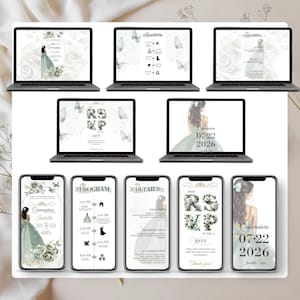 Sage Green Quinceañera Invitation Bundle – Digital Canva Template Set with RSVP Tracking and Event Program