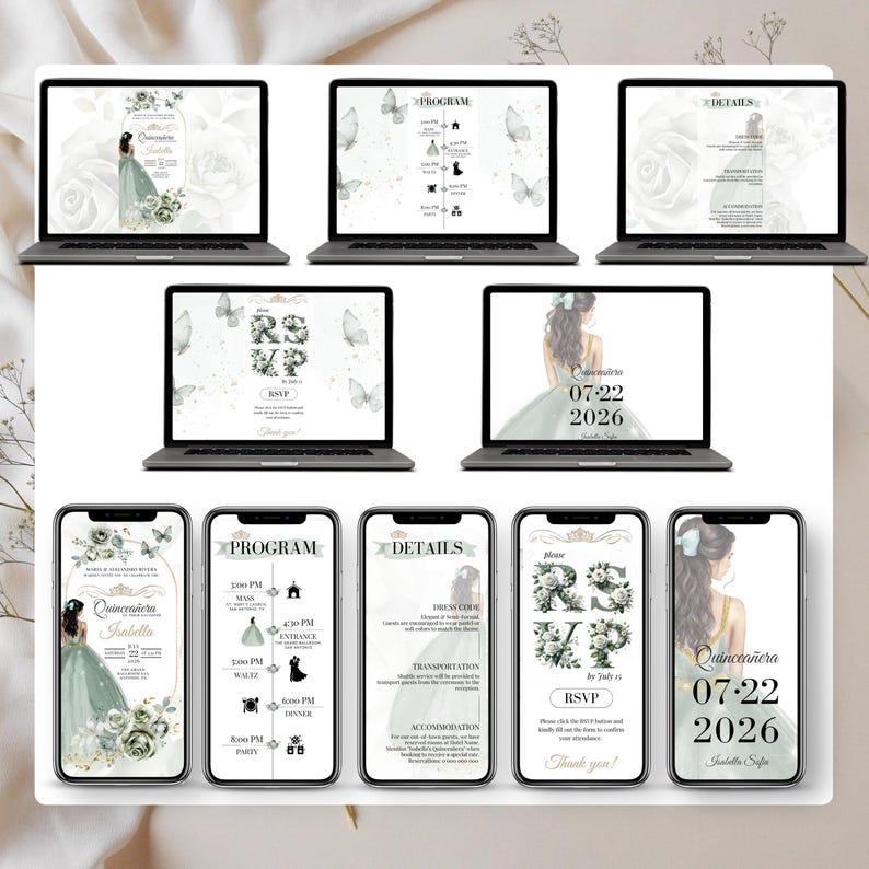 Sage Green Quinceañera Invitation Bundle – Digital Canva Template Set with RSVP Tracking and Event Program