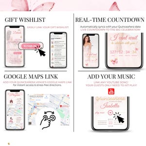 Quinceañera digital invitation features gift wishlist, real-time countdown, Google Maps link, and YouTube music integration. Editable Canva website template shown on mobile phones. Guests can view event location, access your wishlist, follow a live countdown, and click to play music. Ideal for Sweet 16 or 15th birthday online invites with interactive elements for guest engagement.