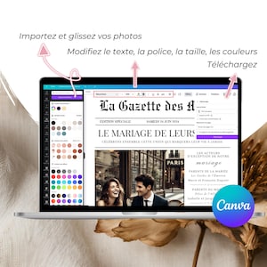 Faire-part mariage type journal, modèle Gazette des Mariés Canva, personnalisable et élégant, 4 pages aux formats A3, A4, A5 pour une touche authentique.