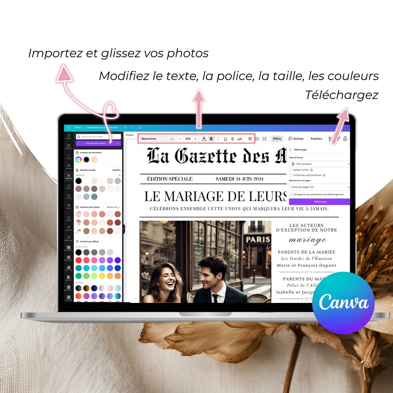 Faire-part mariage type journal, modèle Gazette des Mariés Canva, personnalisable et élégant, 4 pages aux formats A3, A4, A5 pour une touche authentique.