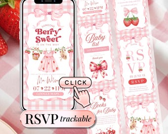 Strawberry Baby Shower Invitation Template, Berry Sweet Editable Pink Baby Shower Digital Invitation with trackable RSVP, Digital Download