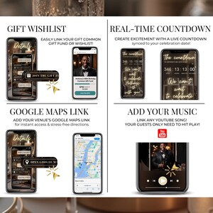 Men’s 50th birthday digital invitation Canva template with online RSVP, gift wishlist link, real-time countdown, Google Maps location link, and YouTube music option. Editable milestone birthday evite in black and gold design, instant download, customizable for any age 18th, 30th, 40th, 50th, 60th or more. Send by SMS, email, or WhatsApp.