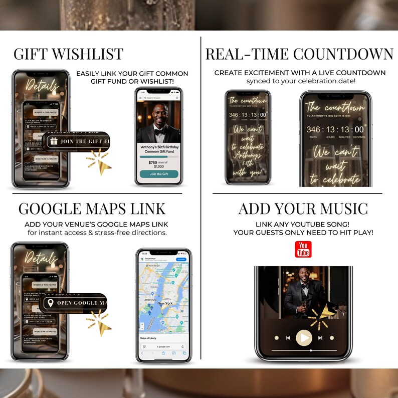 Men’s 50th birthday digital invitation Canva template with online RSVP, gift wishlist link, real-time countdown, Google Maps location link, and YouTube music option. Editable milestone birthday evite in black and gold design, instant download, customizable for any age 18th, 30th, 40th, 50th, 60th or more. Send by SMS, email, or WhatsApp.