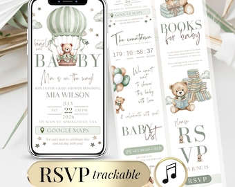 Plantilla de invitación para baby shower en verde salvia – Tema de osos unisex – Invitación digital editable con confirmación de asistencia en línea – ¡Ya casi podemos esperar!