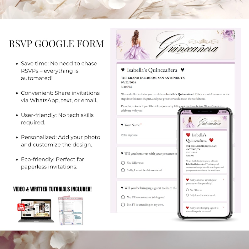 RSVP Google Form for Lilac Quinceañera Invitation - Digital Editable Mis Quince Años Template