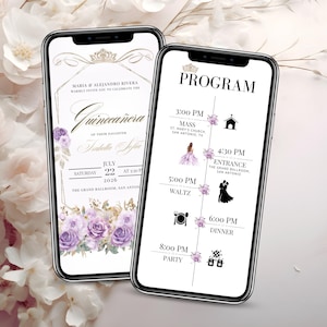 Lilac Quinceañera Digital Invitation with Clickable RSVP & Event Program - Editable Mis Quince Años Template for 15th Birthday Celebration