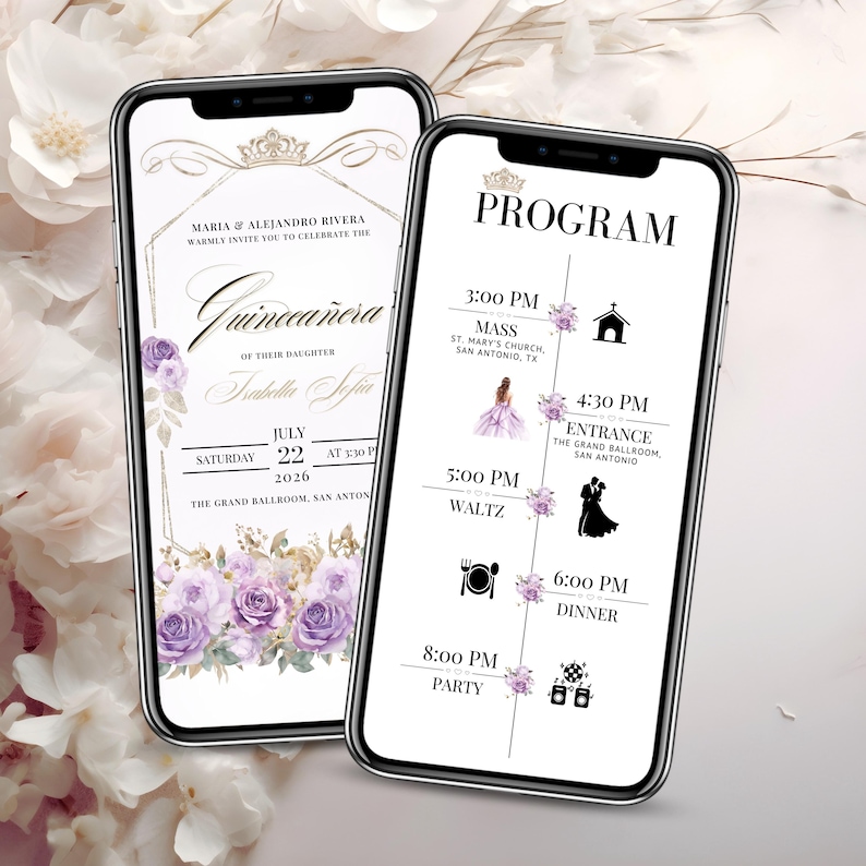 Lilac Quinceañera Digital Invitation with Clickable RSVP & Event Program - Editable Mis Quince Años Template for 15th Birthday Celebration