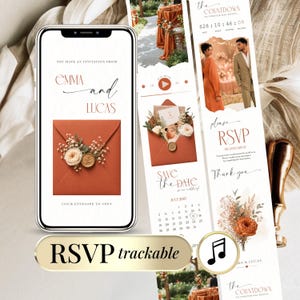Peut inclure: Un écran de téléphone portable affiche une invitation de mariage numérique. L'invitation présente un design d'enveloppe avec des accents floraux et les noms "Emma et Lucas". Des panneaux supplémentaires incluent les détails RSVP et le compte à rebours.
