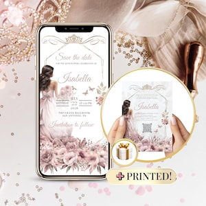 Quinceañera Save the Date Digital Dusty Pink + FREE Printed Invitation –  Modèle Canva 5x7 avec QR Code pour Anniversaire 15 ans Fille