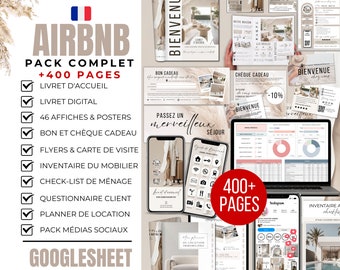 Pack Complet Airbnb Livret d'Accueil + 400 Pages Airbnb Template Francais Affiches Budget Googlesheet Inventaire Flyers Carte de visite